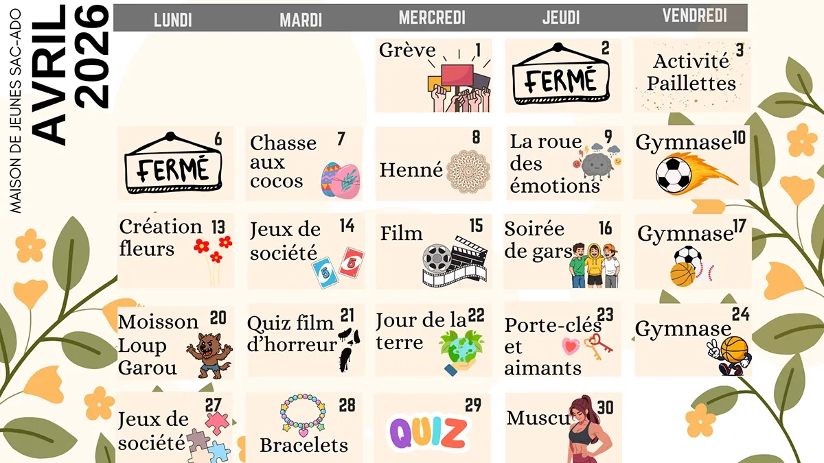 Calendrier d'activités de la maison des jeunes SacAdo Longueuil